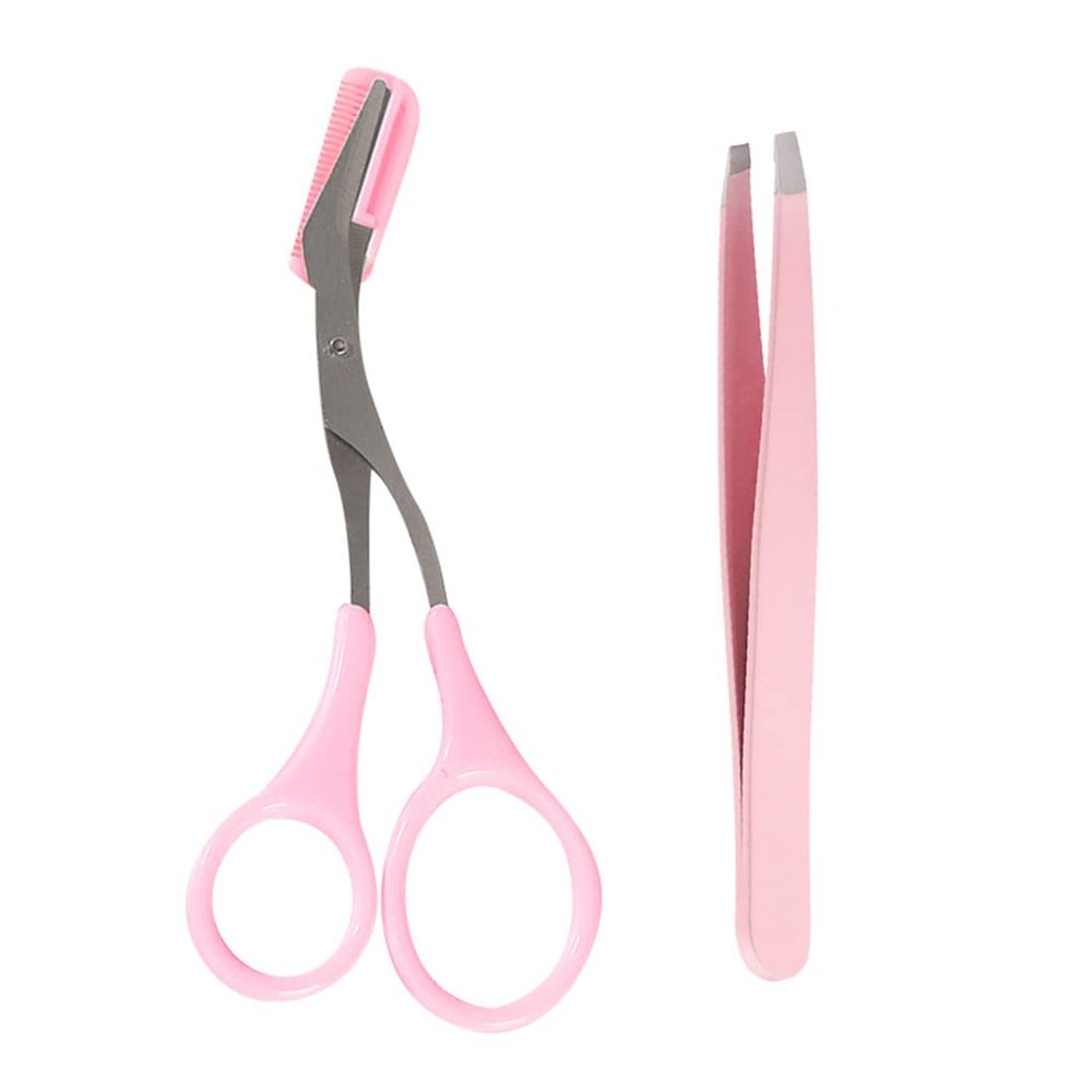 1 Pieces Eyebrow Scissors and Tweezer Kit, Professional Eyebrow Trimming Scissors, Modeling Eyebrow Scissors with Comb with 1 Piece Eyebrow Tweezers (Pink)