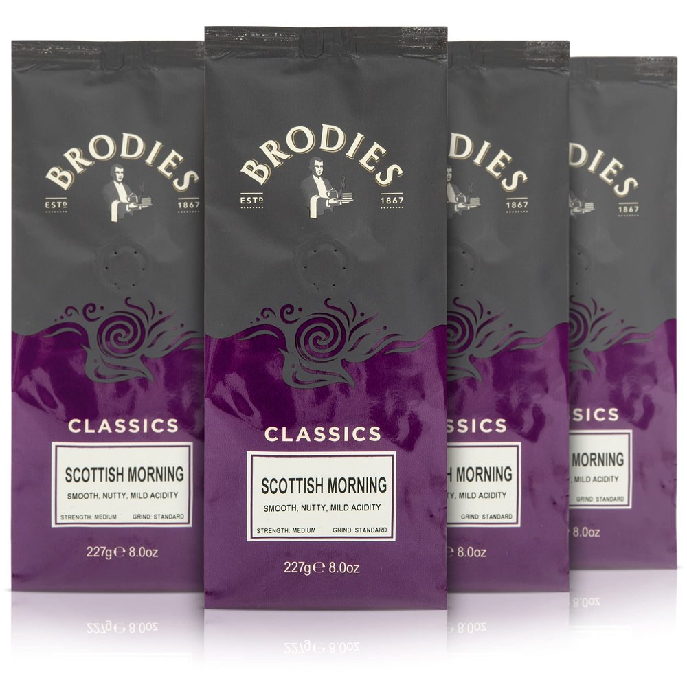 Brodies Classics Artisan Ground Coffee - Scottish Morning 100 Percent Arabica (4 Pack of 227 g) smooth, nutty, mild acidity, medium Strength, standard Grind, Hand roasted