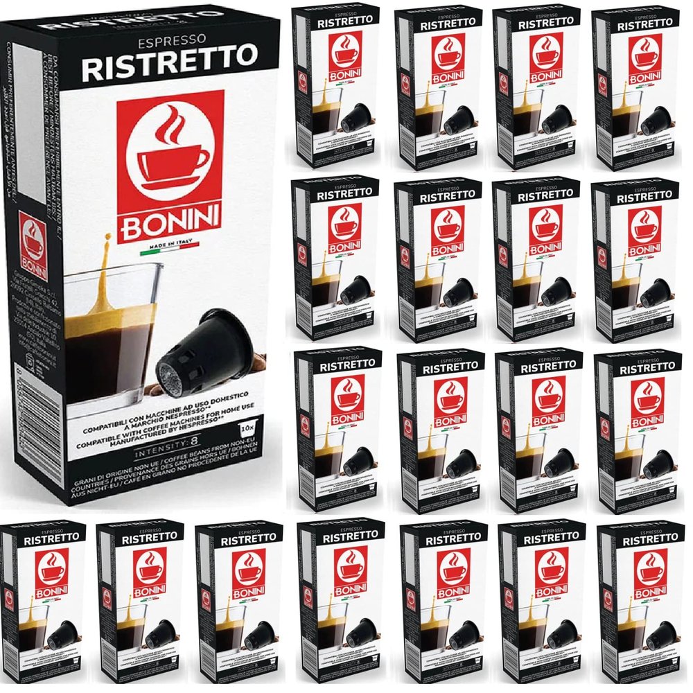Bonini Nespresso Compatible Ristretto Coffee Pods,100% Italian coffee, Pack of 20 (Total 200 Pods)