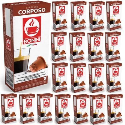 Bonini Nespresso Compatible Corposo Coffee Pods,100% Italian coffee, Pack of 20 (Total 200 Pods)