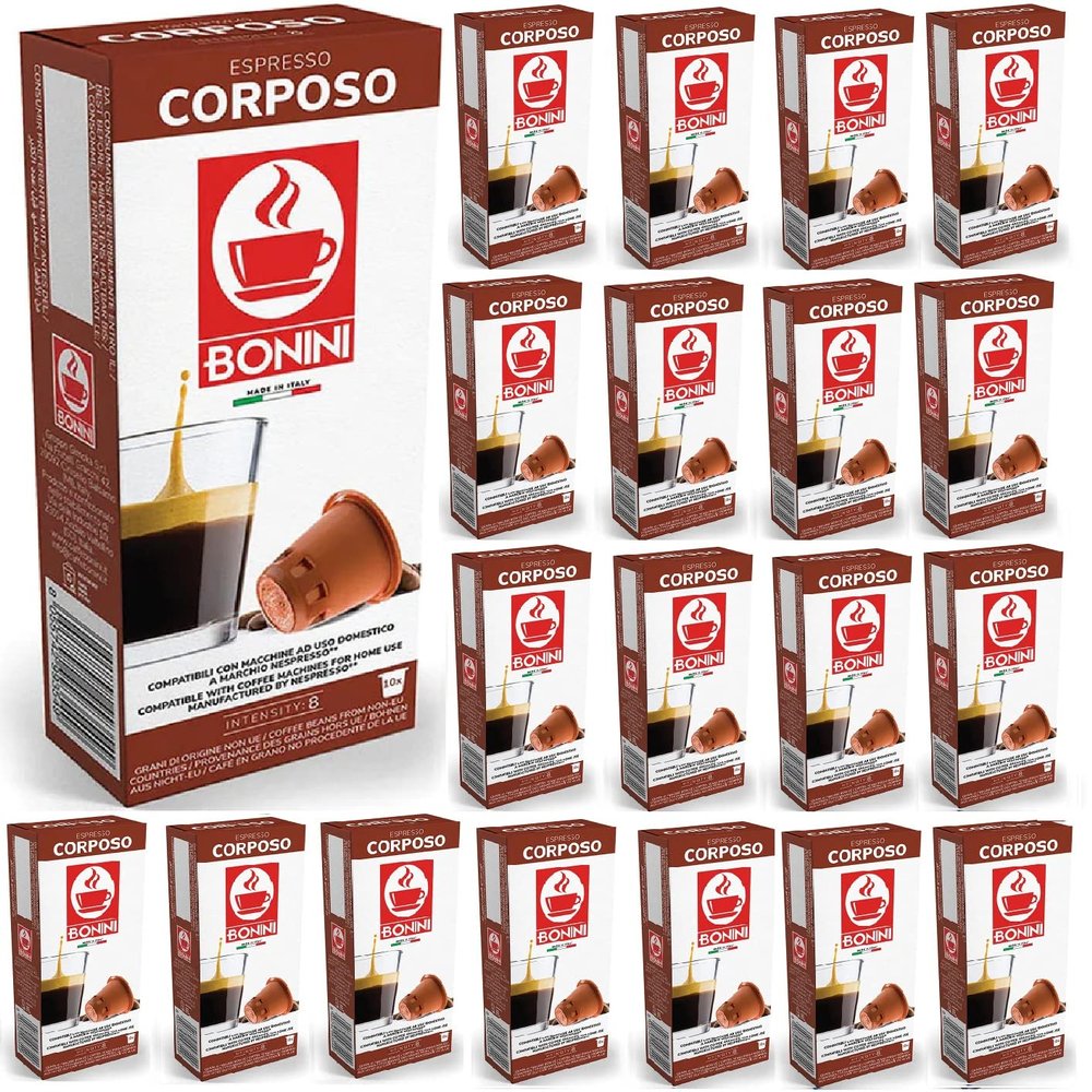 Bonini Nespresso Compatible Corposo Coffee Pods,100% Italian coffee, Pack of 20 (Total 200 Pods)