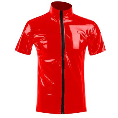 Men's Leather T-Shirt Made in Germany High Gloss Wetlook Patent Look Faux Leather in Black Lingerie for Men Underwear Muscle Shirt Short Sleeve Clubwear Patent Look Tops, Red 02, XXXXXXL