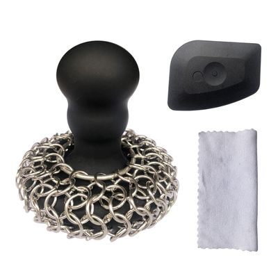 316 Upgraded Chainmail Scrubber with Silicone Handle Cast Iron Cleaner for Cast Iron Grill Pan Skillet Wok Bakeware Ergonomic to Hold Easy to Use Dishwasher Safe, Scrubber + Scraper + Towel (Black)
