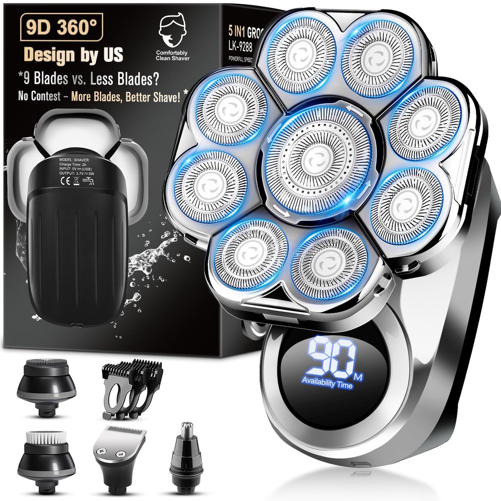 9D Electric Head Shaver for Bald Men, Upgraded 6-in-1 Head Shaver for Bald Men, Waterproof Wet/Dry Grooming Kit Electric Shaver for Men, Cordless Rechargeable Bald Head Razor for Home&Travel Gift