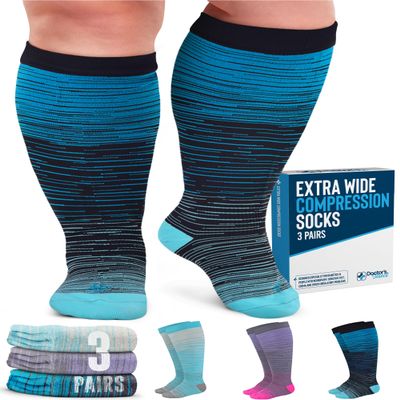 Doctor's Select 3 Pairs Plus Size Compression Socks Wide Calf - Up to 6XL | 20-30 mmHg Compression Socks for Women Wide Calf, 3 Pairs - Line Patterns, 3XL