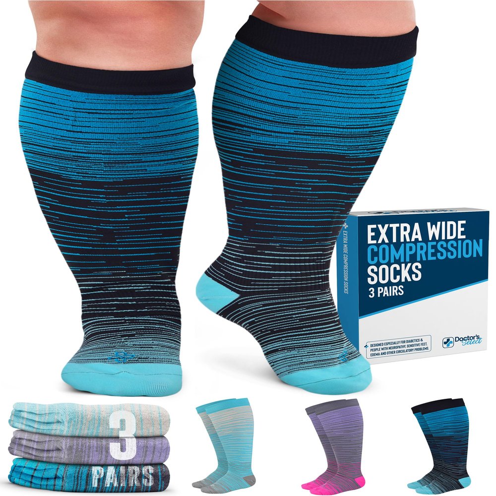 Doctor's Select 3 Pairs Plus Size Compression Socks Wide Calf - Up to 6XL | 20-30 mmHg Compression Socks for Women Wide Calf, 3 Pairs - Line Patterns, 3XL