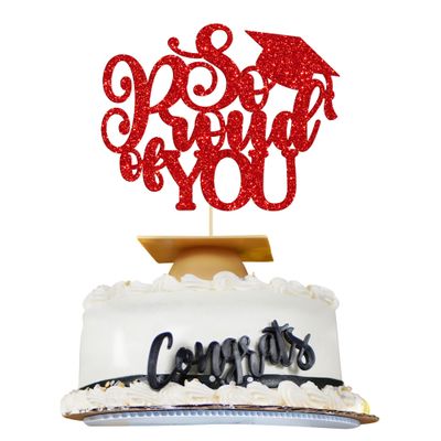 1Pc So Proud of You Cake Topper with Gold Glitter Diploma Graduation Cap Cake Pick Congrats Class of 2023 Cake Decorations for 2023 Graduation Theme High School Boys Girls Graduate Party Supplies Red