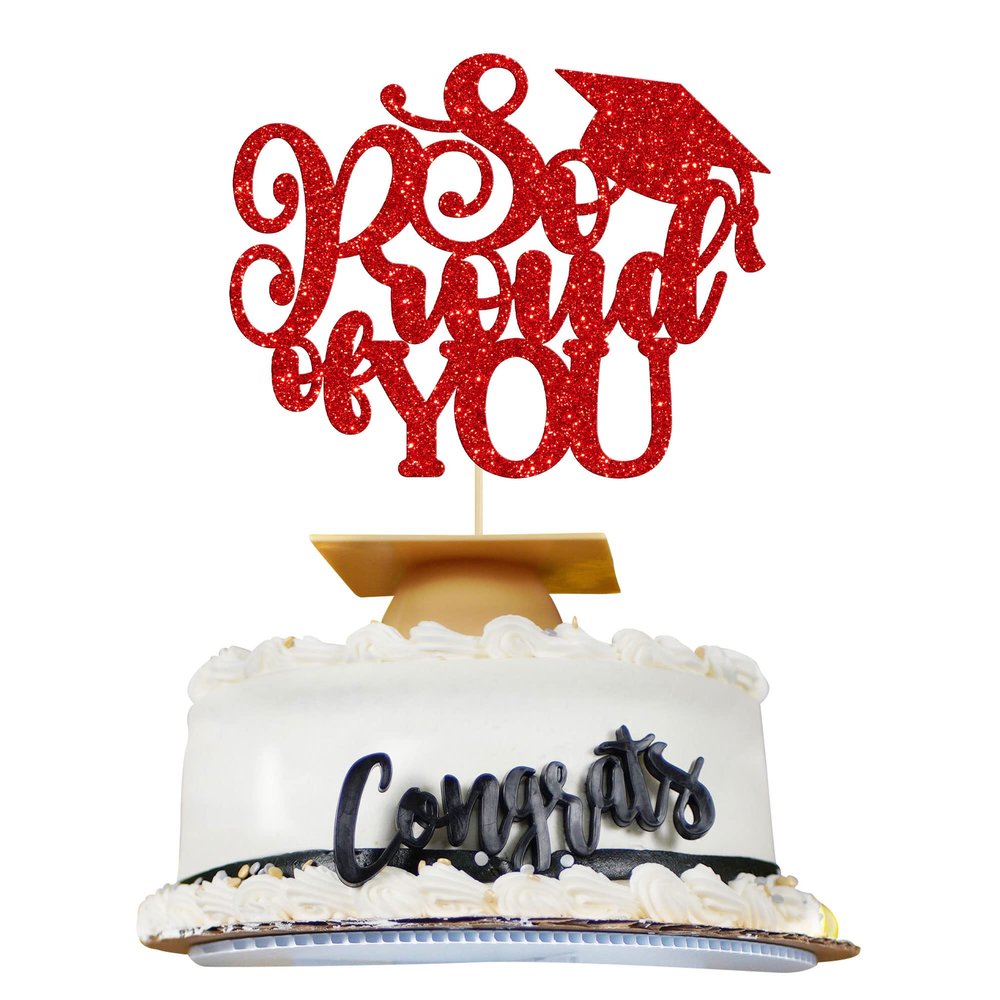 1Pc So Proud of You Cake Topper with Gold Glitter Diploma Graduation Cap Cake Pick Congrats Class of 2023 Cake Decorations for 2023 Graduation Theme High School Boys Girls Graduate Party Supplies Red