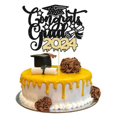 1Pc Congrats Grad 2026 Cake Topper Glitter Diploma Graduation Cap Cake Pick Congrats Class of 2026 Cake Decorations for 2026 Graduation Theme High School Boys Girls Graduate Party Supplies Black