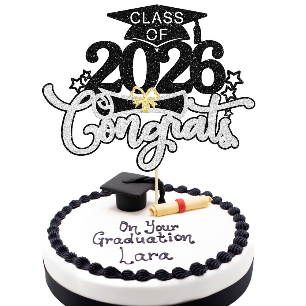 1Pc Congrats Class of 2026 Cake Toppers Graduation Boy Cake Picks Glitter 2026 Graduation Cake Decorations for Theme High School Boys Graduate Cake Decorations Party Supplies Black Silver