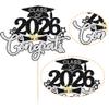1Pc Congrats Class of 2026 Cake Toppers Graduation Boy Cake Picks Glitter 2026 Graduation Cake Decorations for Theme High School Boys Graduate Cake Decorations Party Supplies Black Silver view 3