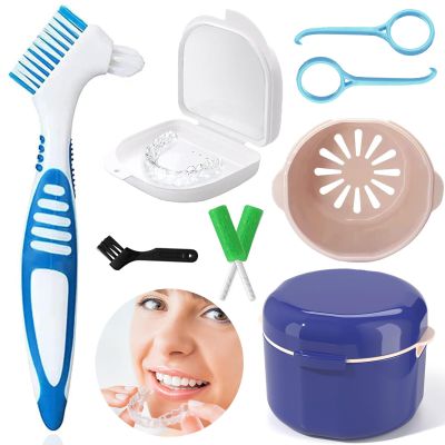 Denture Box Set, Retainer Case Denture Bath Cleaning kit, Denture Box with Mirror, with 2 Aligner Removal Tool, Chewies and Denture Brush for Braces Or Dentures Cleaning Storage for Travel