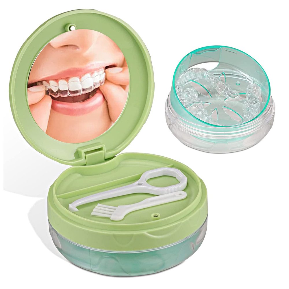 DIDATOOL Denture Box Leak-Proof Dental Retainer Case, Portable Denture Bath with Mirror, Removal Tool and Extra Storage Layer, Denture Case Perfect for Traveling and Daily Use (Green)