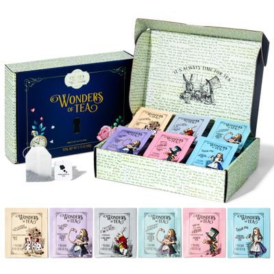 Alices Adventures in Wonderland, Wonder of Tea Gift Set, Tea Sampler includes 6 Flavours with Quotes and Illustrations, Mad Hatter Tea Party, Birthday, Mother's Day, Baby Shower, Set of 90
