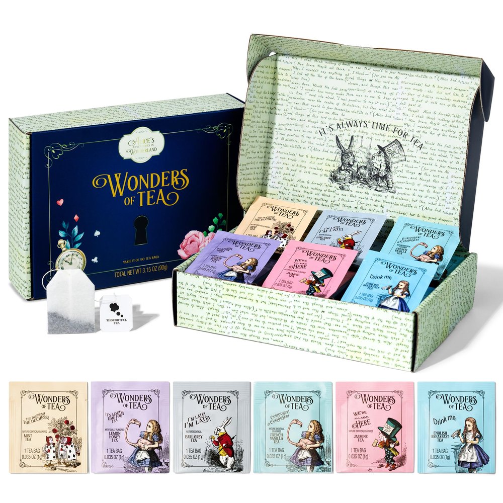 Alices Adventures in Wonderland, Wonder of Tea Gift Set, Tea Sampler includes 6 Flavours with Quotes and Illustrations, Mad Hatter Tea Party, Birthday, Mother's Day, Baby Shower, Set of 90