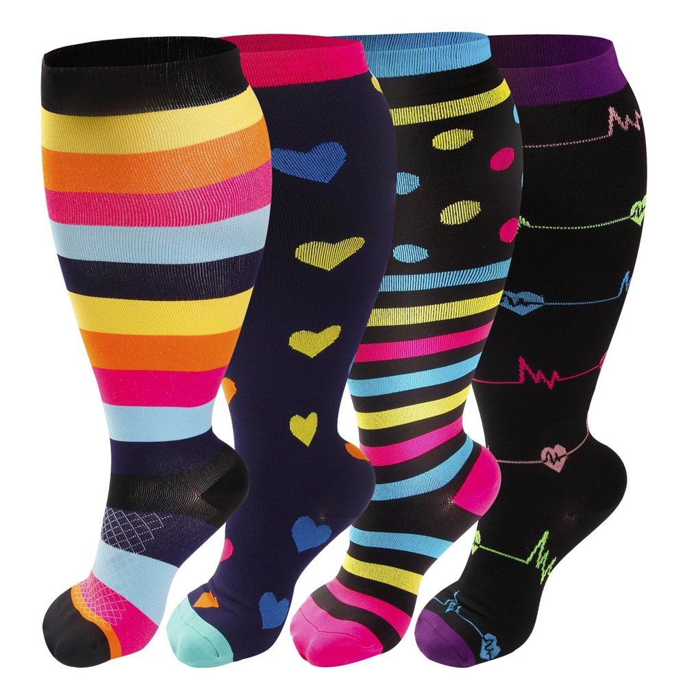 4 Pairs Plus Size Compression Socks for Women & Men, Extra Wide Calf 20-30 mmHg Knee High Compression Stockings for Circulation Swelling Support, A2 Assort 4 Pairs, 4X-Large