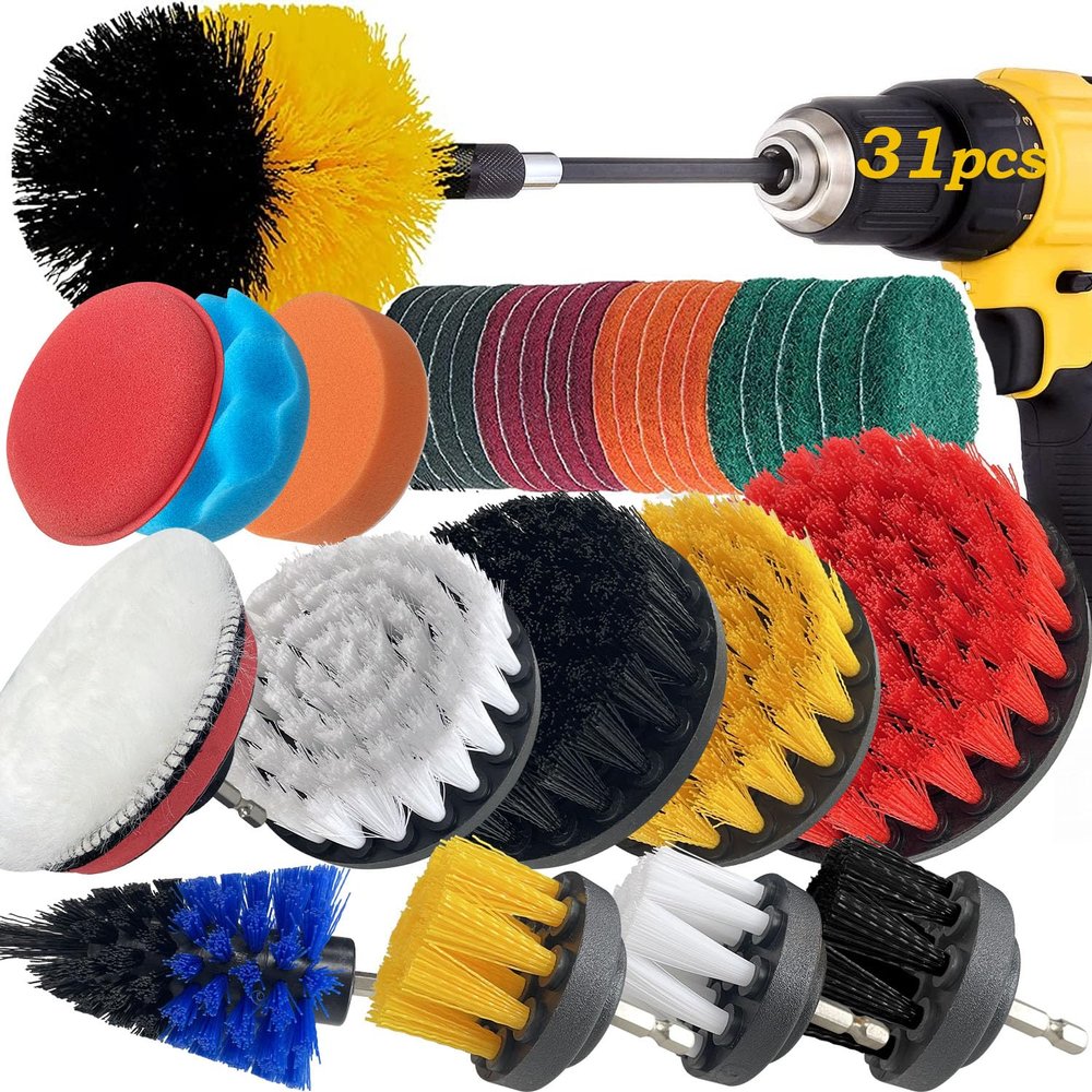 Socpuro 31 Piece Drill Brush Attachments Set, Buffing Pads & Cleaning Sponge, All Purpose Power Scrubber Brush with Extend Attachment for Bathroom Kitchen Tub Floor Auto