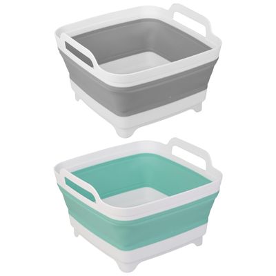 2 Pack Dishpan for Washing Dishes, Wash Basin with Draining Plug Carry Handles, Collapsible Bucket for Cleaning, Portable Sink, Foldable Plastic Tub, 2.4Gal/9L Each