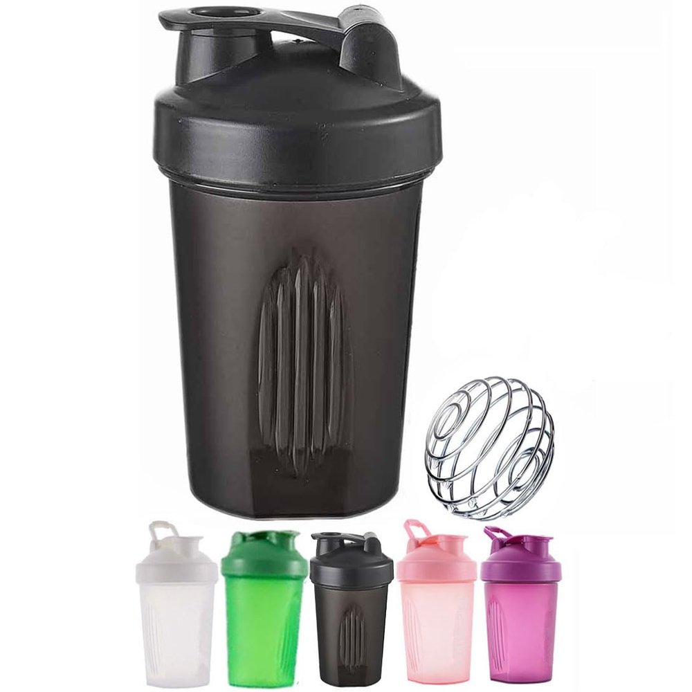 400ml Protein Shaker Bottle, Protein Shake Mixer, Shaker Cups Portable Pre Workout with Wire Mixball Blender Perfect for Mixing Powdered Shakes, Clear, BPA Free and DEHP-free, Dishwasher Safe (Black)