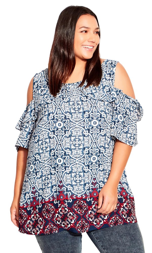 Avenue Women's Plus Size Top Cold Shldr Frill Blouse, Fairville Border, 34-36