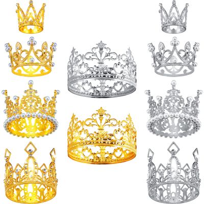 10 Pieces Crown Cake Topper Birthday Mini Crown Pearl Crystal Tiara Vintage Small Crowns Metal Crown Decorations for Boys Girls Wedding Birthday Baby Shower Party, 5 Styles (Silver, Gold)