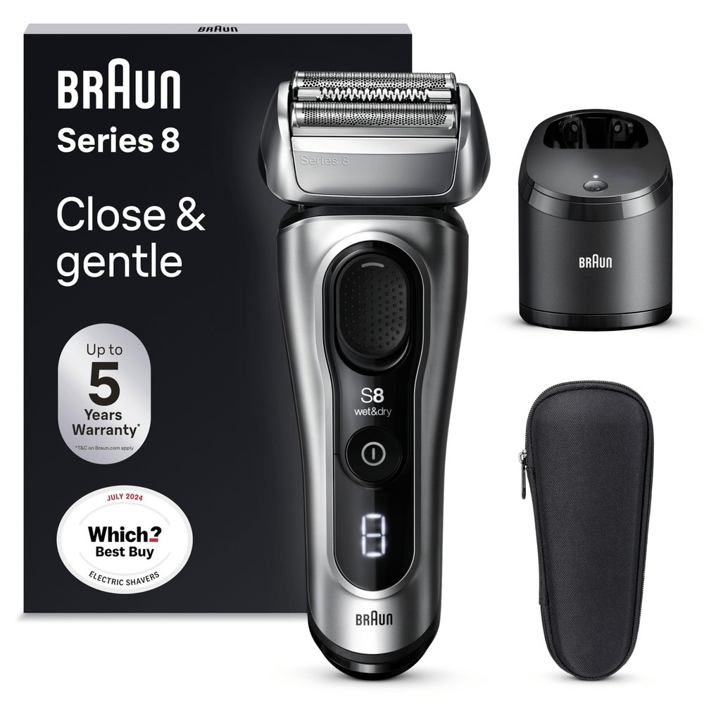 Braun Series 8 Electric Shaver for Men, 4+1 Shaving Elements & Precision Long Hair Trimmer, SmartCare Center, Wet & Dry Electric Razor For Men with 60 Min. Runtime, Gifts for Men,8567cc, Silver