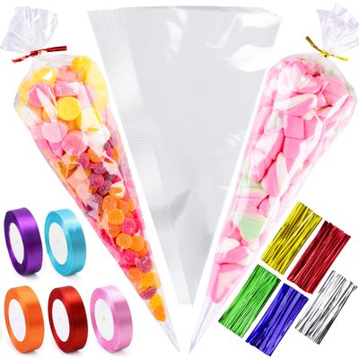 14x26cm Sweet Cone Bags with Twist Ties and Ribbons, 100Pcs Cellophane Crystal Clear Sweet bags, Triangle Sweet Party Cones Bags Perfect for Halloween, Christmas, Candies and many more