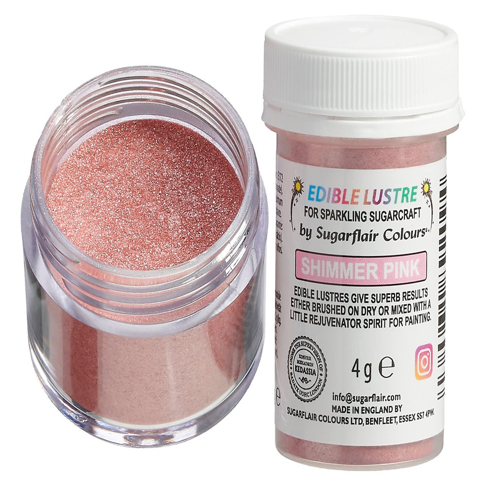 Sugarflair Shimmer Pink Edible Lustre Dust (E171 Free), Add a Lustrous Shine to Cakes or Decorations. Brush On or Add Rejuvenator to Create Eye-Catching Edible Paint - 4g