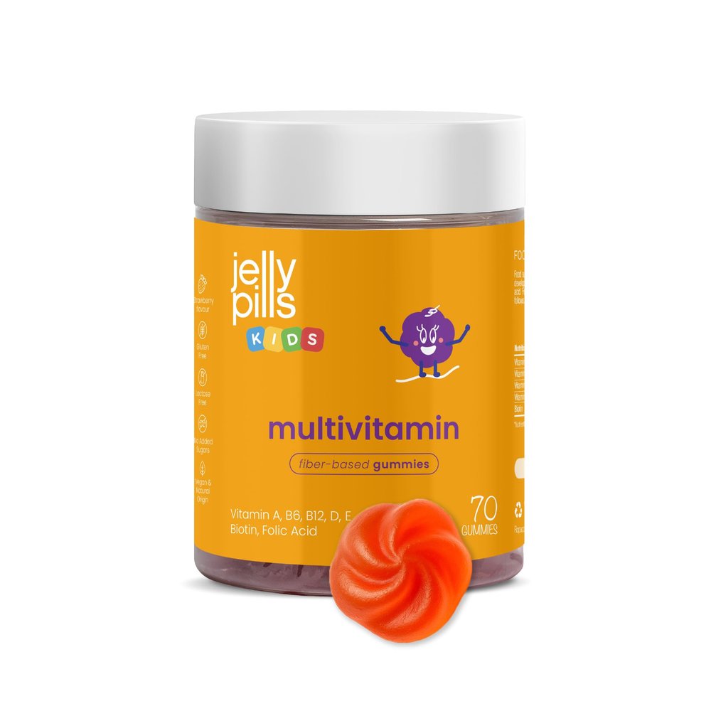 Jelly Pills Multivitamin and Mineral Gummies for Kids - 70 Vegan Gummies - No Added Sugars - Strawberry Flavor - A, B, C, D, E, Zinc, Biotin & Folic Acid