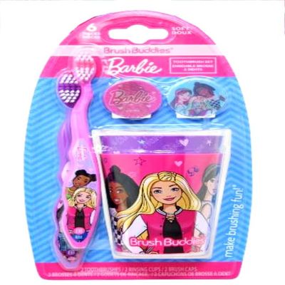Brush Buddies Barbie Kids Toothbrushes Kit, Manual Toothbrushes for Kids, Toothbrush for Toddlers 2-4 Years, Travel Toothbrush Kit with Covers and Cups, 6PC
