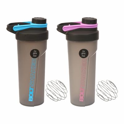 Set of BLUE & PINK Bolt Virgin Plastic Protein Shaker Bottle with Steel Wire Blending Ball- 700ml/ 23.6oz with Measuring Guide Airtight Leakproof Screw Cap Sport Bottles Fitness Gym Shaker BPAFree
