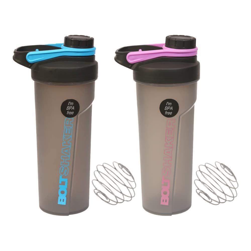 Set of BLUE & PINK Bolt Virgin Plastic Protein Shaker Bottle with Steel Wire Blending Ball- 700ml/ 23.6oz with Measuring Guide Airtight Leakproof Screw Cap Sport Bottles Fitness Gym Shaker BPAFree