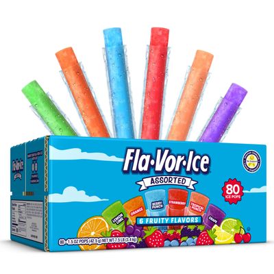 Fla-Vor-Ice Popsicle Variety Pack of 1.5 Oz Freezer Bars, Assorted Flavors, Lemon-Lime, Berry Punch, Grape, Strawberry, Orange, and Tropical Punch 80 Count + Fun Treats Viva Ice pops 8 count