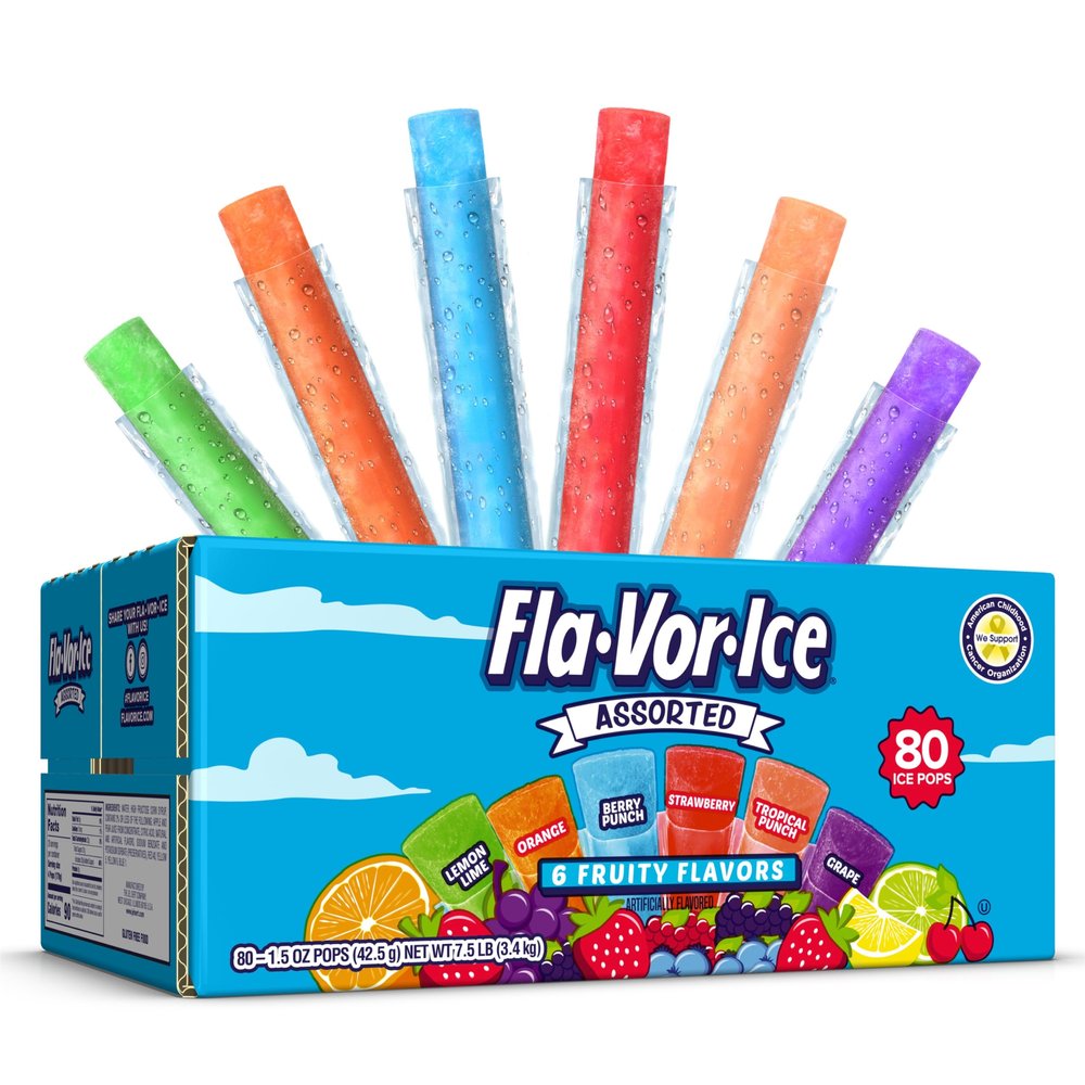 Fla-Vor-Ice Popsicle Variety Pack of 1.5 Oz Freezer Bars, Assorted Flavors, Lemon-Lime, Berry Punch, Grape, Strawberry, Orange, and Tropical Punch 80 Count + Fun Treats Viva Ice pops 8 count