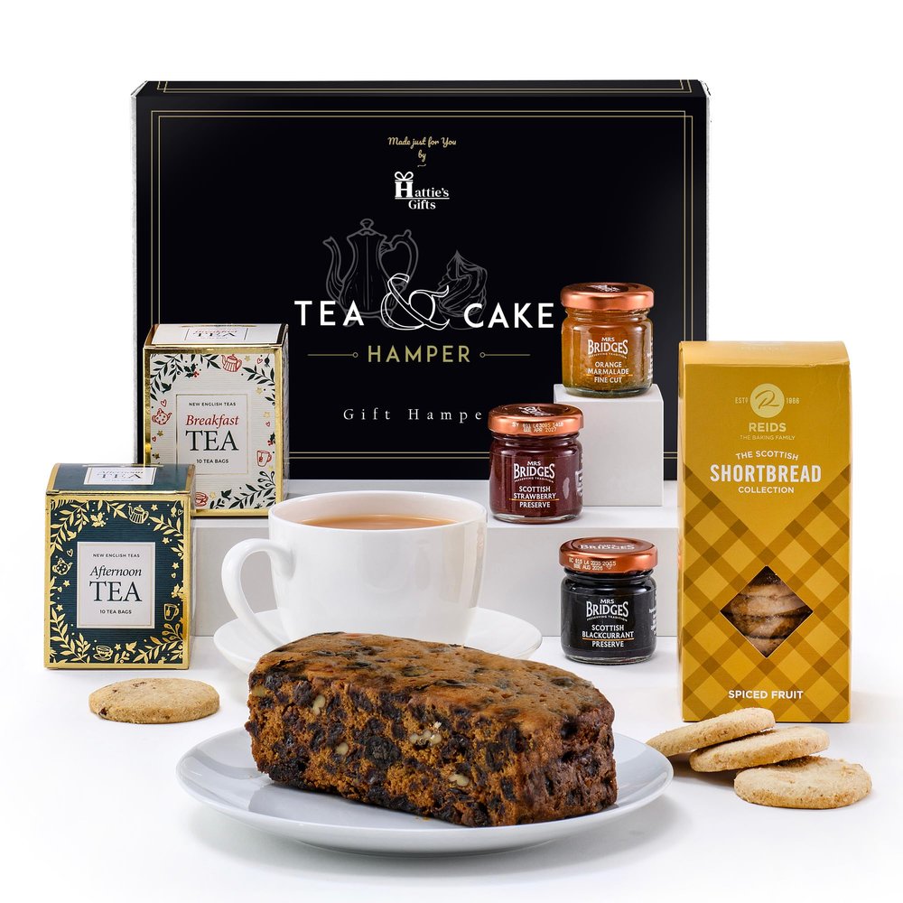 Afternoon Tea Hamper with Cake  Hatties Gifts Breakfast & Afternoon Tea Selection Gift Set, Genoa Fruit Cake, Shortbread & Jams  Luxury Food Gifts for Men & Women