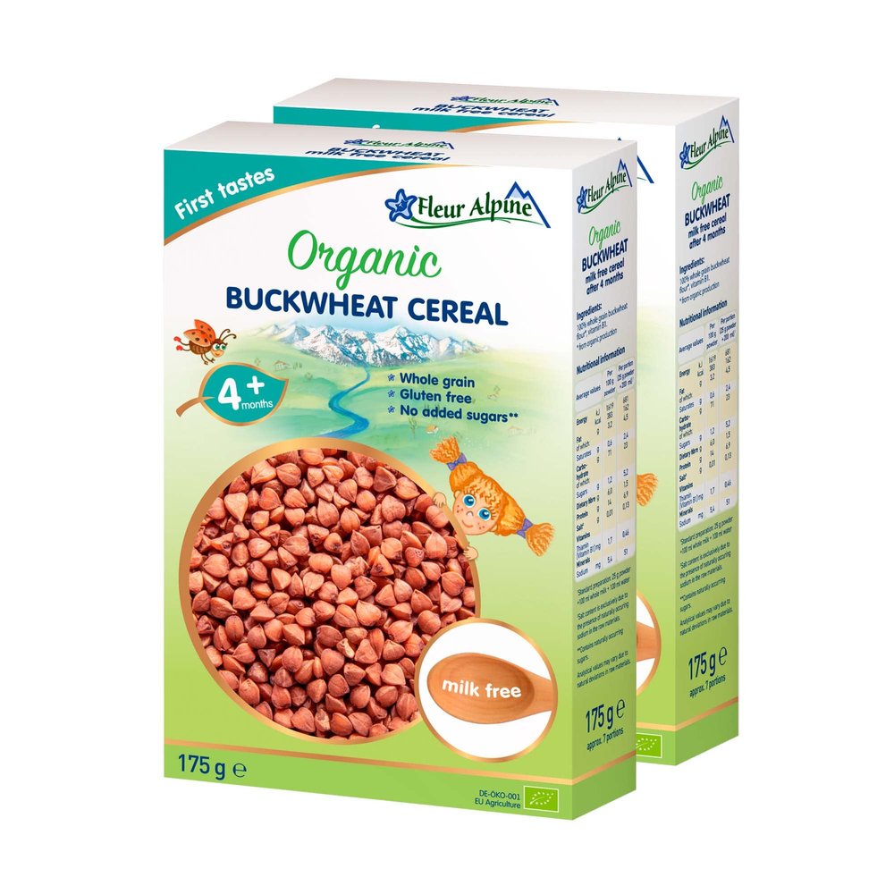 FLEUR ALPINE Baby Food | Organic Buckwheat Baby Cereal Pack of 2 - for Deliciously Smooth Breakfast Meals | Nutritious Instant Gluten Free Porridge 4+ Months with No Added Sugars | 2x7 Servings