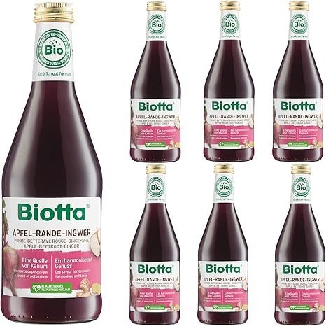 Biotta Apple, Beetroot and Ginger Juice | Organic | Natural source of Potassium | Contribute to the normal maintenance of normal blood pressure | Not from concentrate | 500ml (500ml (Pack of 6))