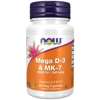 Now Foods, Mega D-3 & MK-7, Vitamin D3 and K2, Depot, Every 5 Days 1 Capsule, High Dose, 60 Capsules, Gluten Free, Non GMO