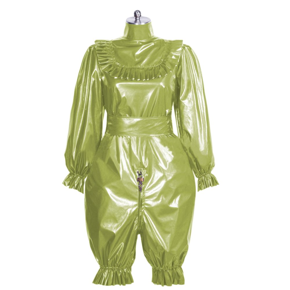 PVC Lockable Two Pieces Crossdresser Sissy Costume Long Puff Sleeve Blouse with PVC Loose Shorts,Grass Green,7XL