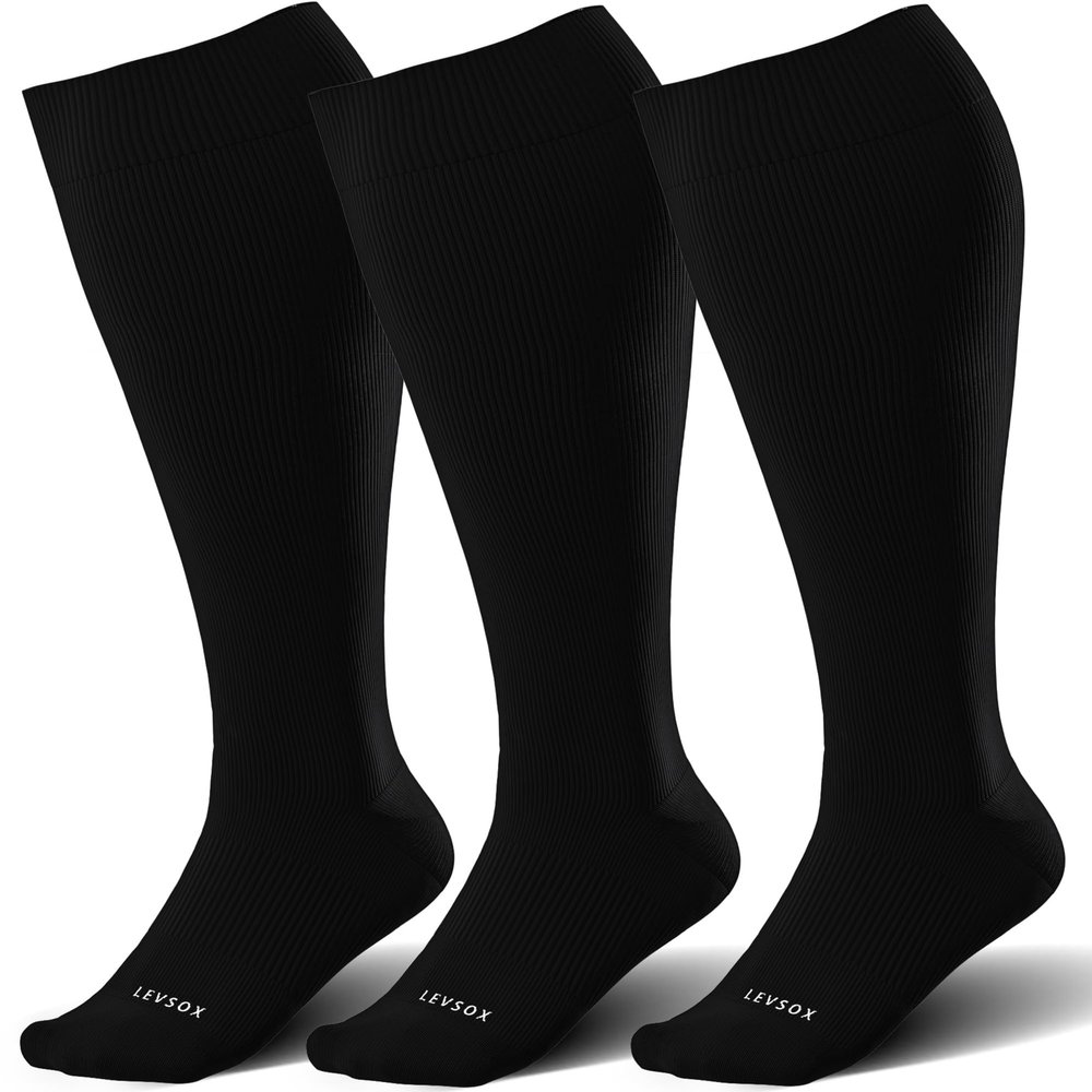 LEVSOX Wide Calf Bamboo Compression Socks for Women&Men Plus Size 15-20mmHg Knee High Support Sock for Circulation, 3 Pair-black, XX-Large