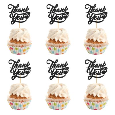 INNORU Thank You Cupcake Toppers, Wedding Bridal Shower Cake Toppers, Engagement, Baby Shower, Thanksgiving Day Party Decorations Supplies, Pack of 24 Black Glitter
