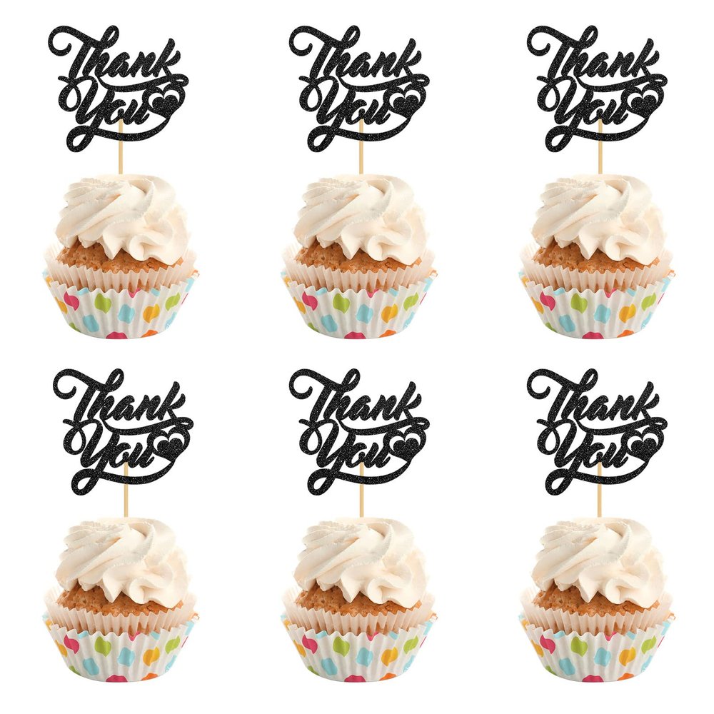 INNORU Thank You Cupcake Toppers, Wedding Bridal Shower Cake Toppers, Engagement, Baby Shower, Thanksgiving Day Party Decorations Supplies, Pack of 24 Black Glitter