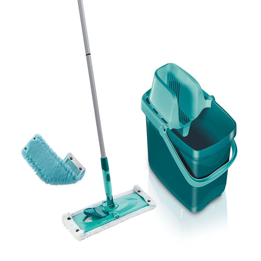 Leifheit Combi Flat Mop, Bucket, Wringer and Static Duster Wiper Cover Set, Microfibre Mop Head and Flat Mop Wringer 12 L bucket, Mop and Bucket Set, Turquoise