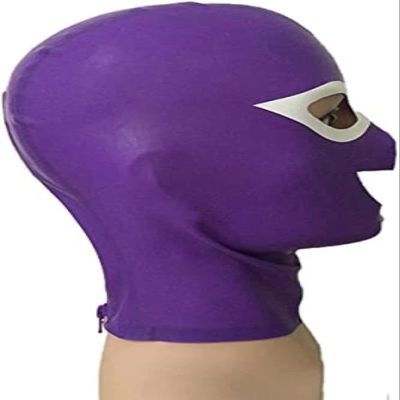 Sexy Purple Latex Hood Mask with White Trim Rubber Unisex Mask for Catsuit Party,XX-Large