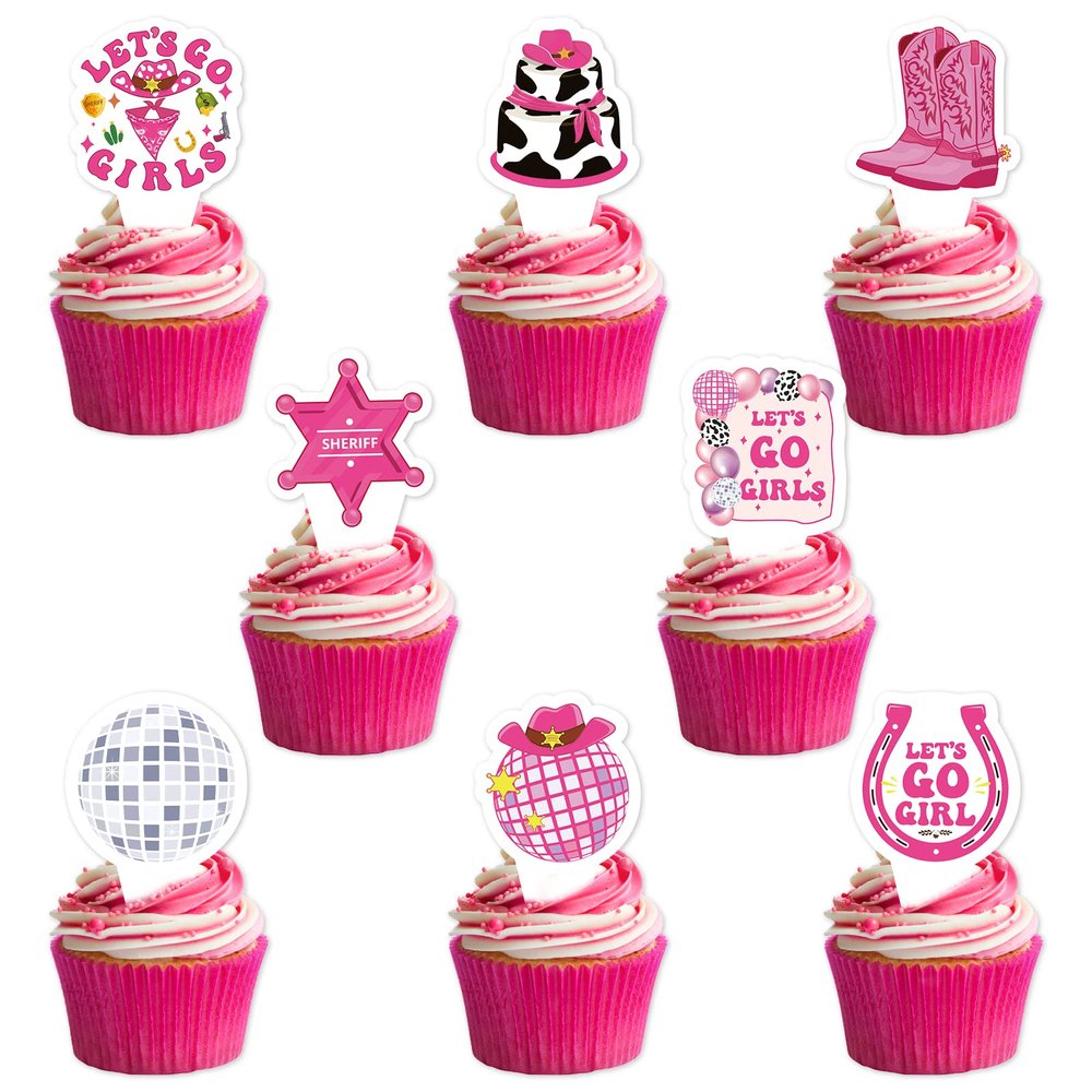 Disco Cowgirl Birthday Cake Toppers - NOVBAUB 48PCS Let's Go Girls Party Decorations Hot Pink Cowgirl Birthday Party Decorations Disco Bachelorette Party Supplies Cupcake Toppers for Women Girls