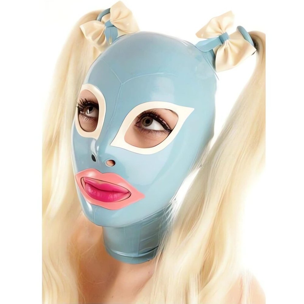 SALANSEX Latex Hood with Braids and Bows, Blue Full Face Cover with Zipper for Master, Queen, Sex, BDSM, Party, Cosplay, Holiday