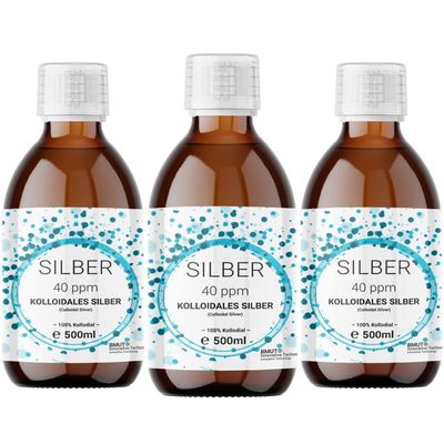 3 x 500 ml Colloidal Silver (40 ppm) in Brown Glass Bottle, Silver Water, Pure Water, 100% Colloidal