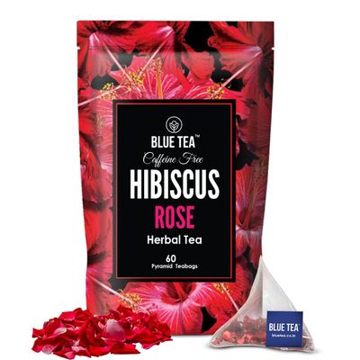 BLUE TEA - Hibiscus Rose Tea - 60 Biodegradable Tea Bags - Plant Based | SKIN GLOW ENHANCING TEA | Caffeine Free - Flower Based - Tangy Flavor - Vegan - Herbal Tea | Ziplock Pouch