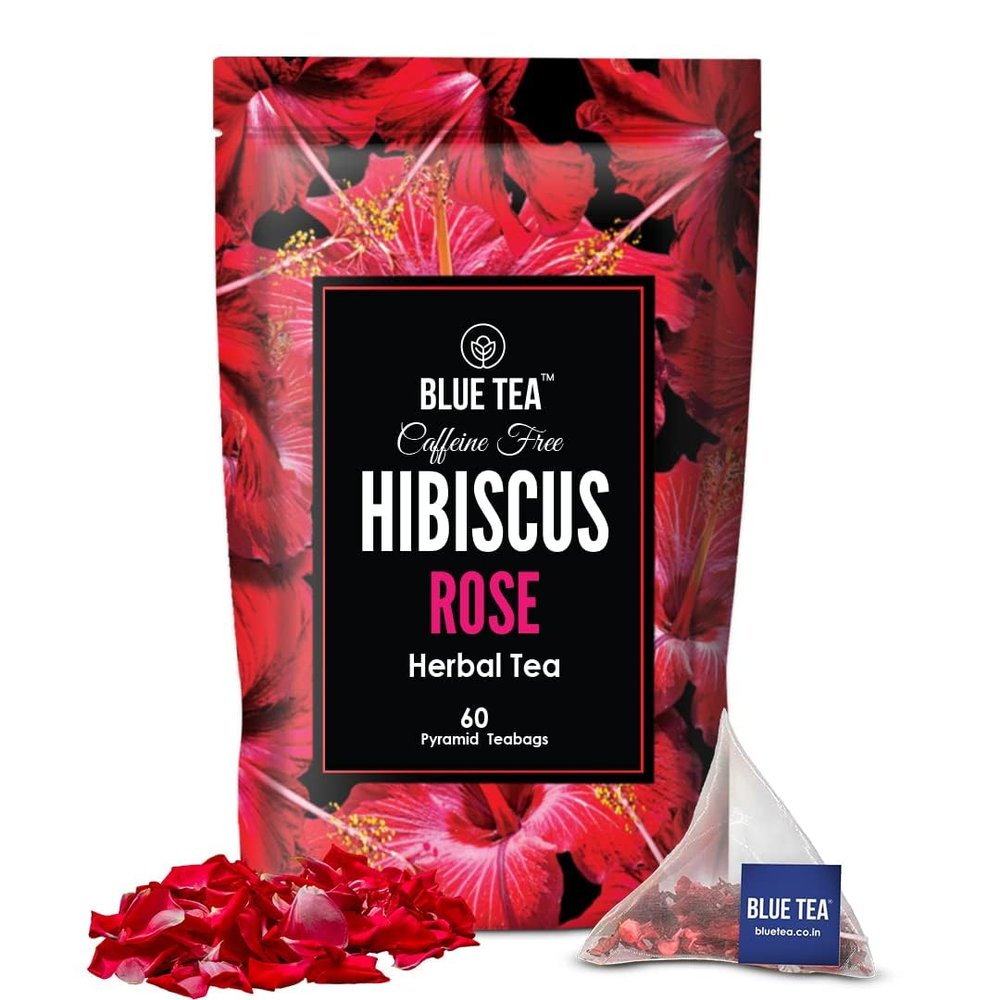 BLUE TEA - Hibiscus Rose Tea - 60 Biodegradable Tea Bags - Plant Based | SKIN GLOW ENHANCING TEA | Caffeine Free - Flower Based - Tangy Flavor - Vegan - Herbal Tea | Ziplock Pouch