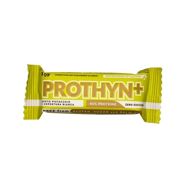 Prothyn+ Pistachio high protein bar and white cover. 40g bar.